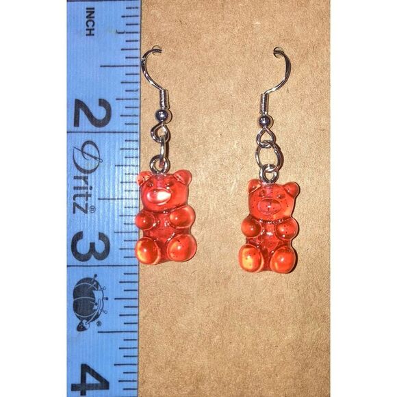 ☀️3/$9☀️ Red-Orange Resin Gummy Bear Dangle Earring with .925 Silver Hooks - Picture 2 of 6